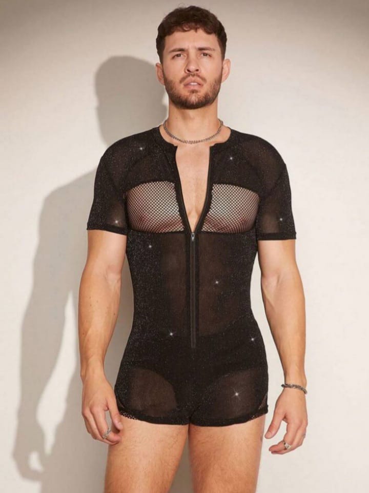 Crystal City Men's Rhinestone Mesh Sheer V-Neck Zipper Collar Lounge Romper